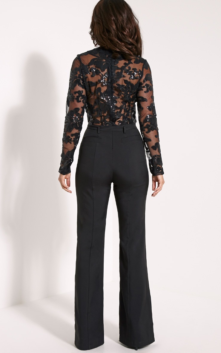 Lindie Black Sequin Pattern Jumpsuit PrettyLittleThing