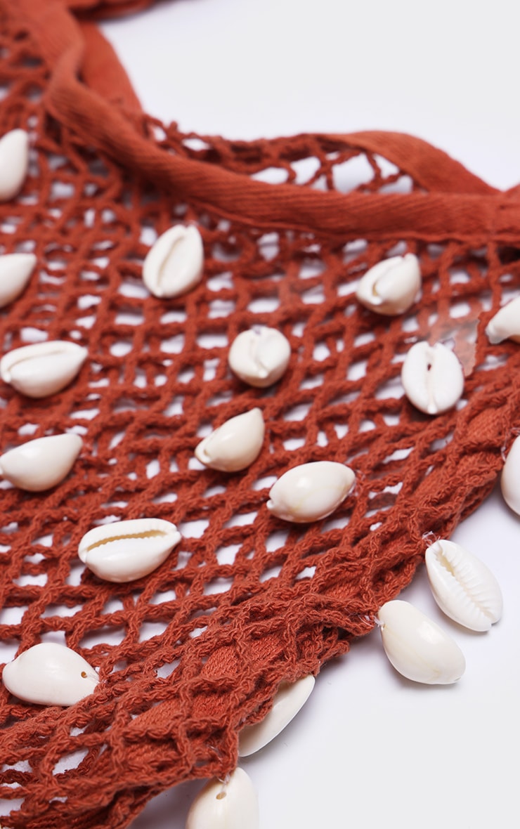 Rust Crochet Knit Shell Detail Beach Shopper Bag image 3