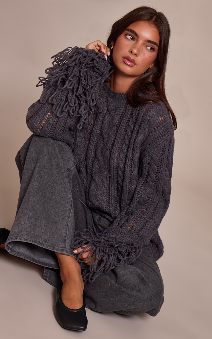 Charcoal Cable Knit Loop Trim Sweater image 3