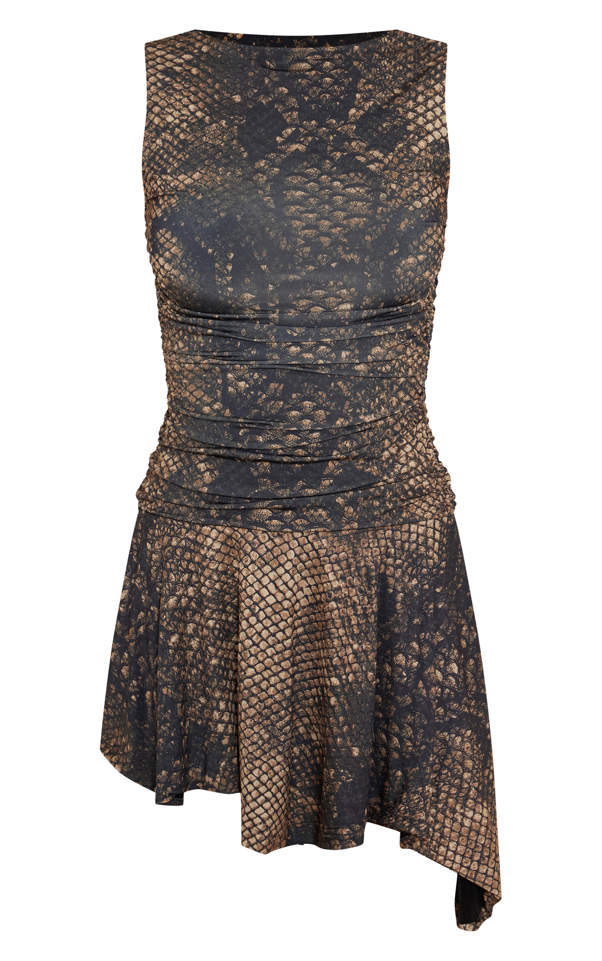 Dark Brown Snake Printed Slinky Ruched Detail Asymmetric Mini Dress image 5