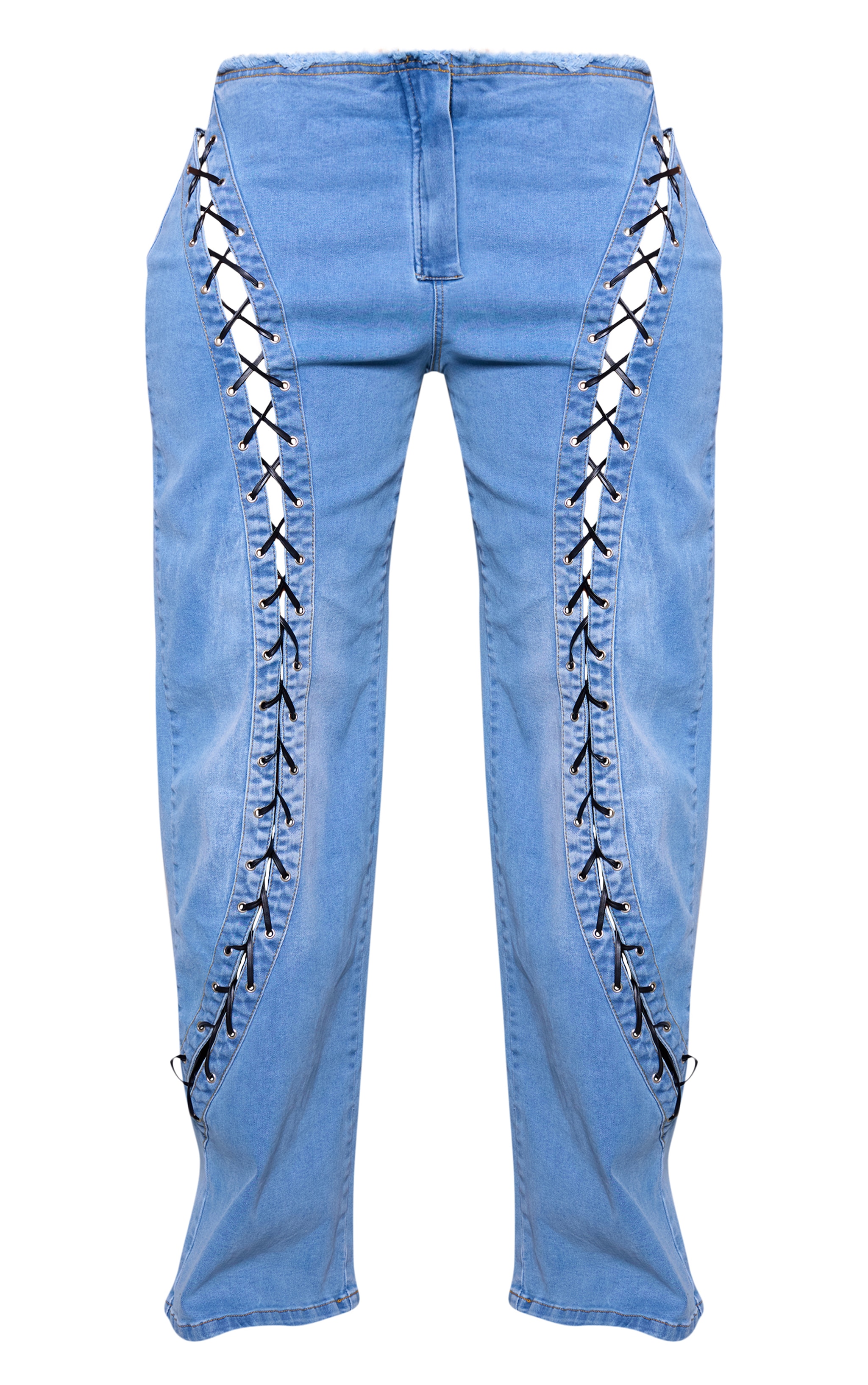 Shape Light Blue Denim Lace Up Front Raw Waist Wide Leg Jeans image 5