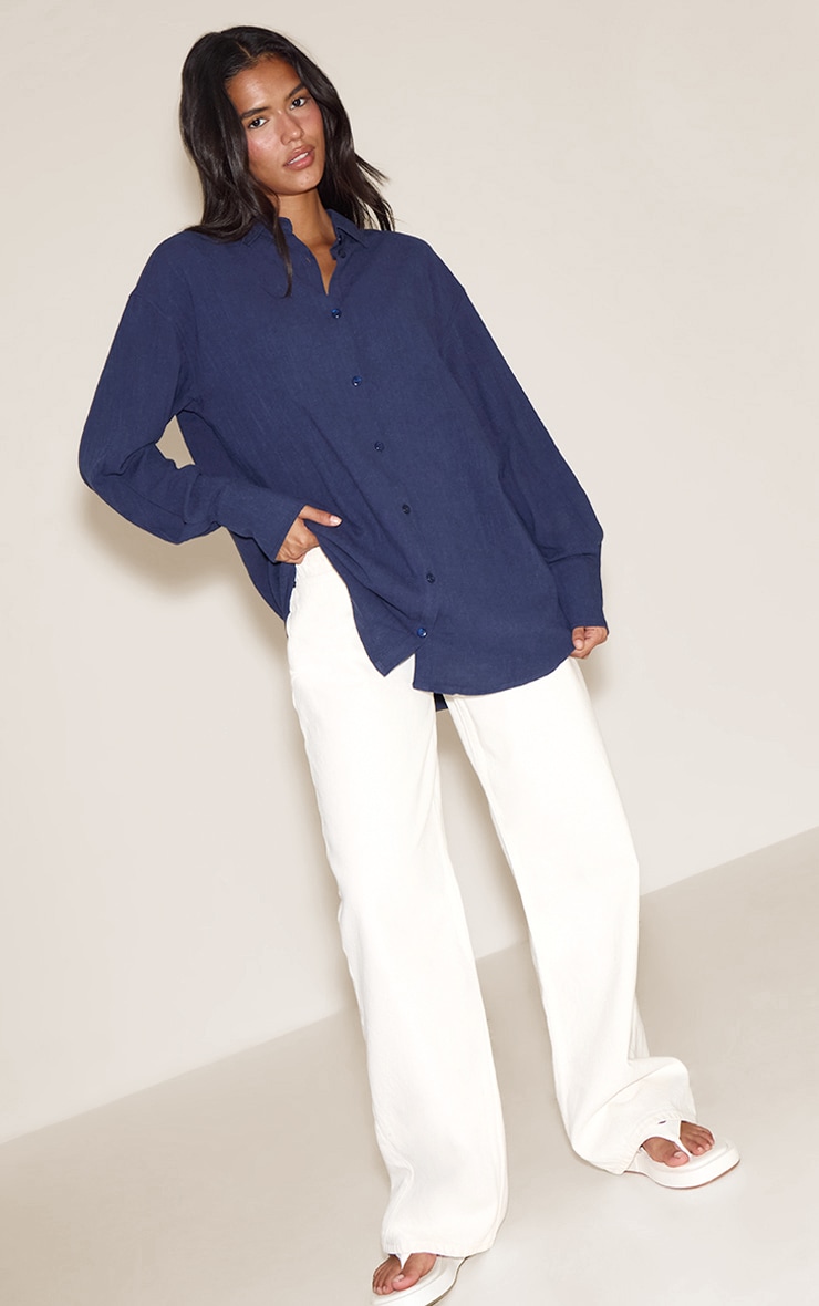 Navy Linen Look Boxy Oversized Shirt image 3