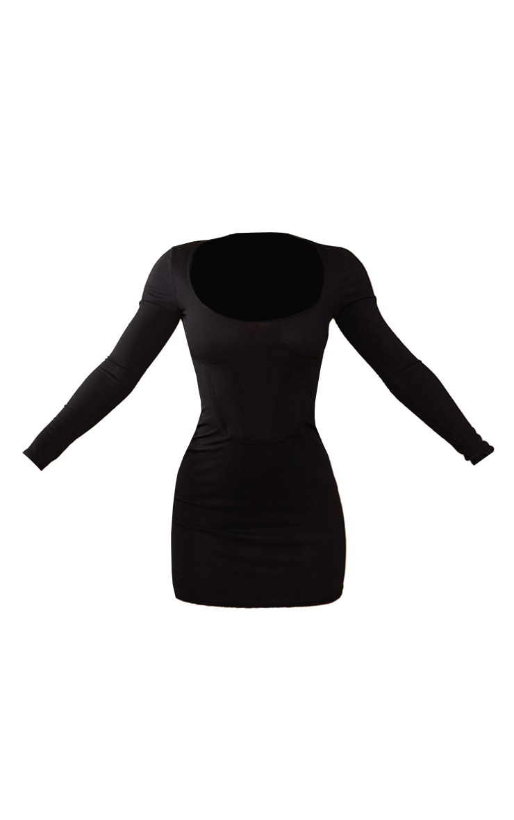 Black Rib Corset Seam Square Neck Mini Bodycon Dress image 5