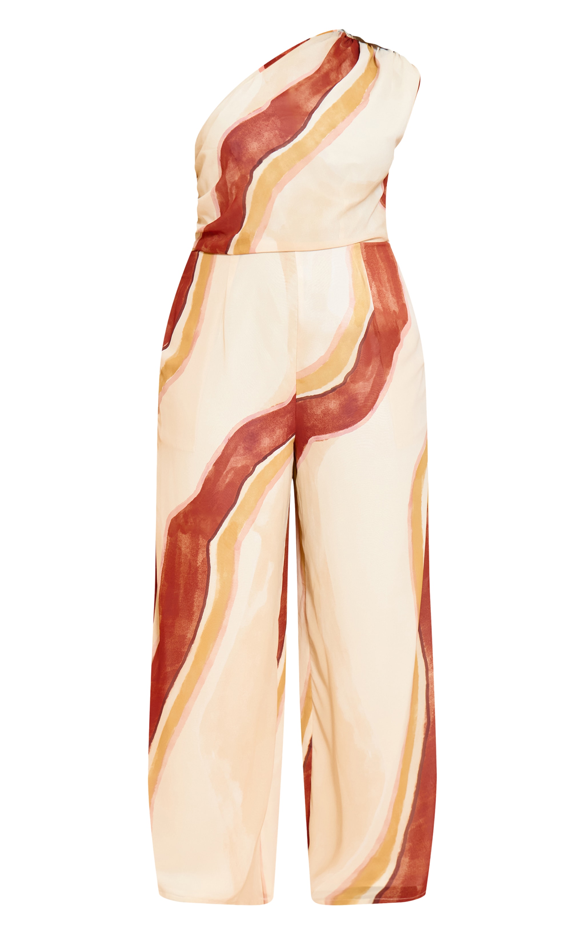 Plus Cream Abstract Chiffon One Shoulder Ruched Jumpsuit image 5