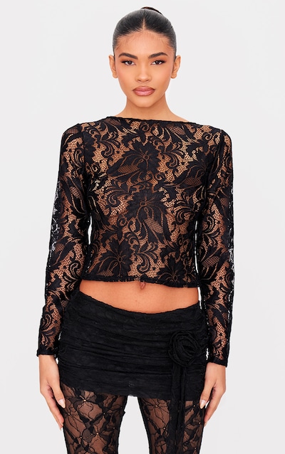 Black Lace Boatneck Long Sleeve Long Top