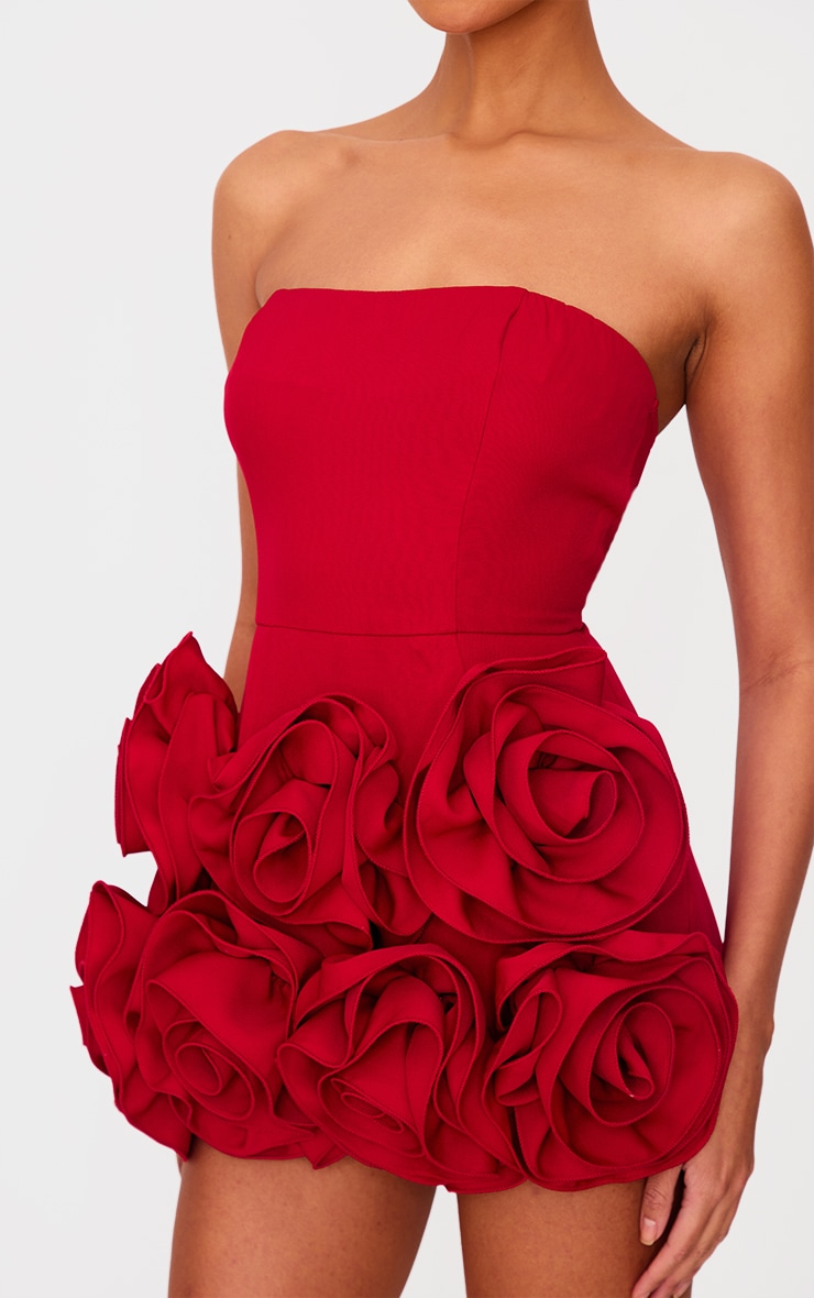 Red Oversized Rose Detail Bandeau Skort Romper image 4