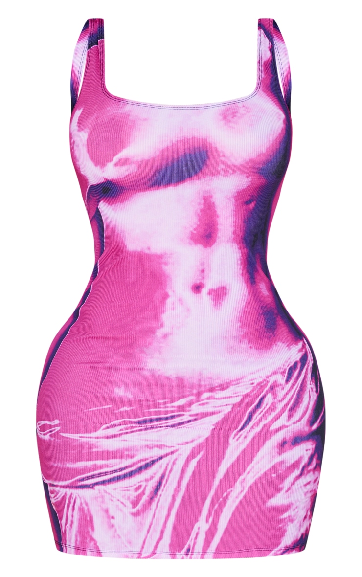 Shape Pink Abstract Body Print Rib Low Back Bodycon Dress image 5