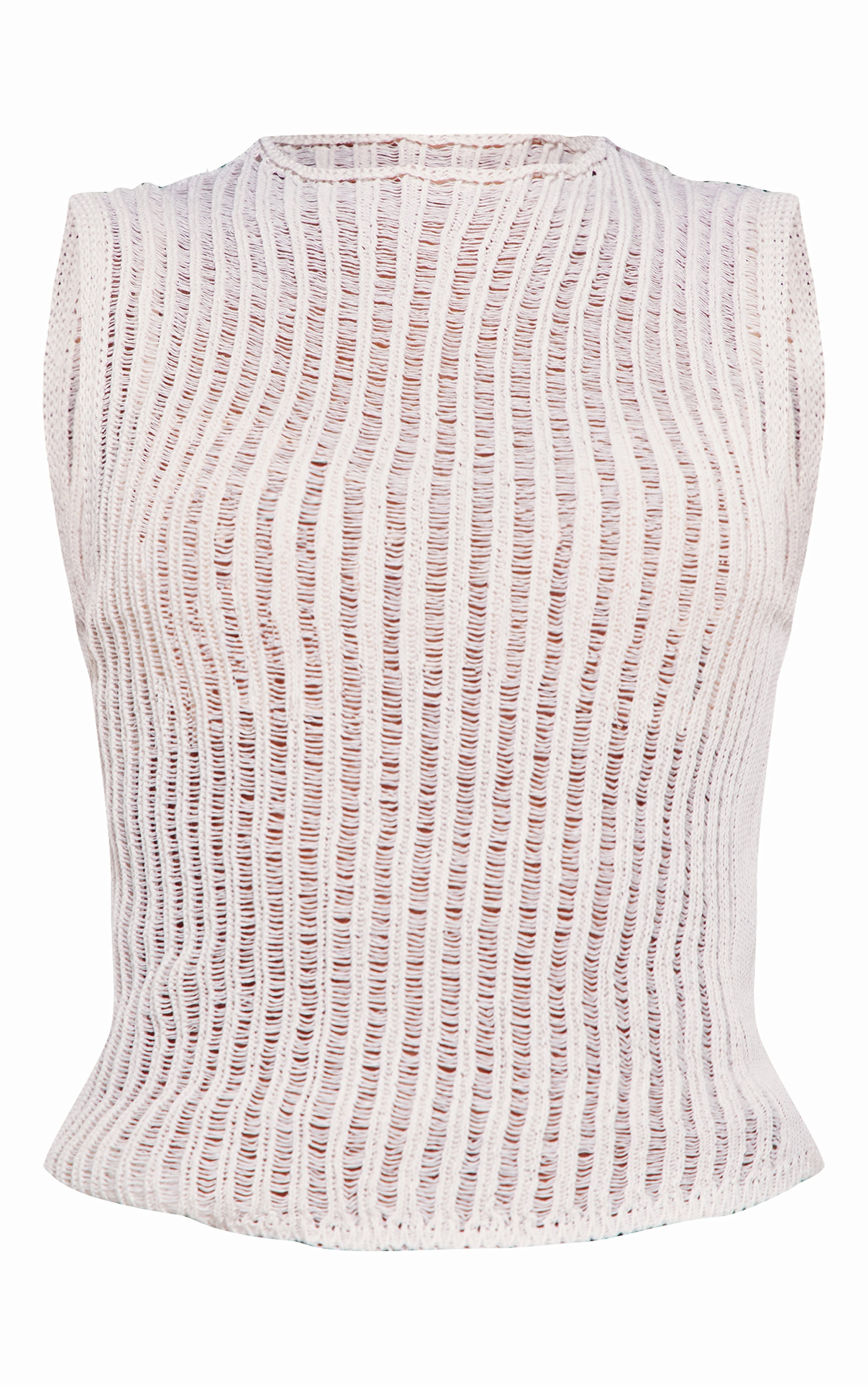 White Sheer Textured Knit Racer Neck Top image 5