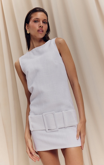 White Boucle Oversized Low Belt Shift Dress