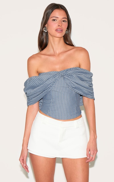 Grey Striped Cotton Twist Detail Bardot Top