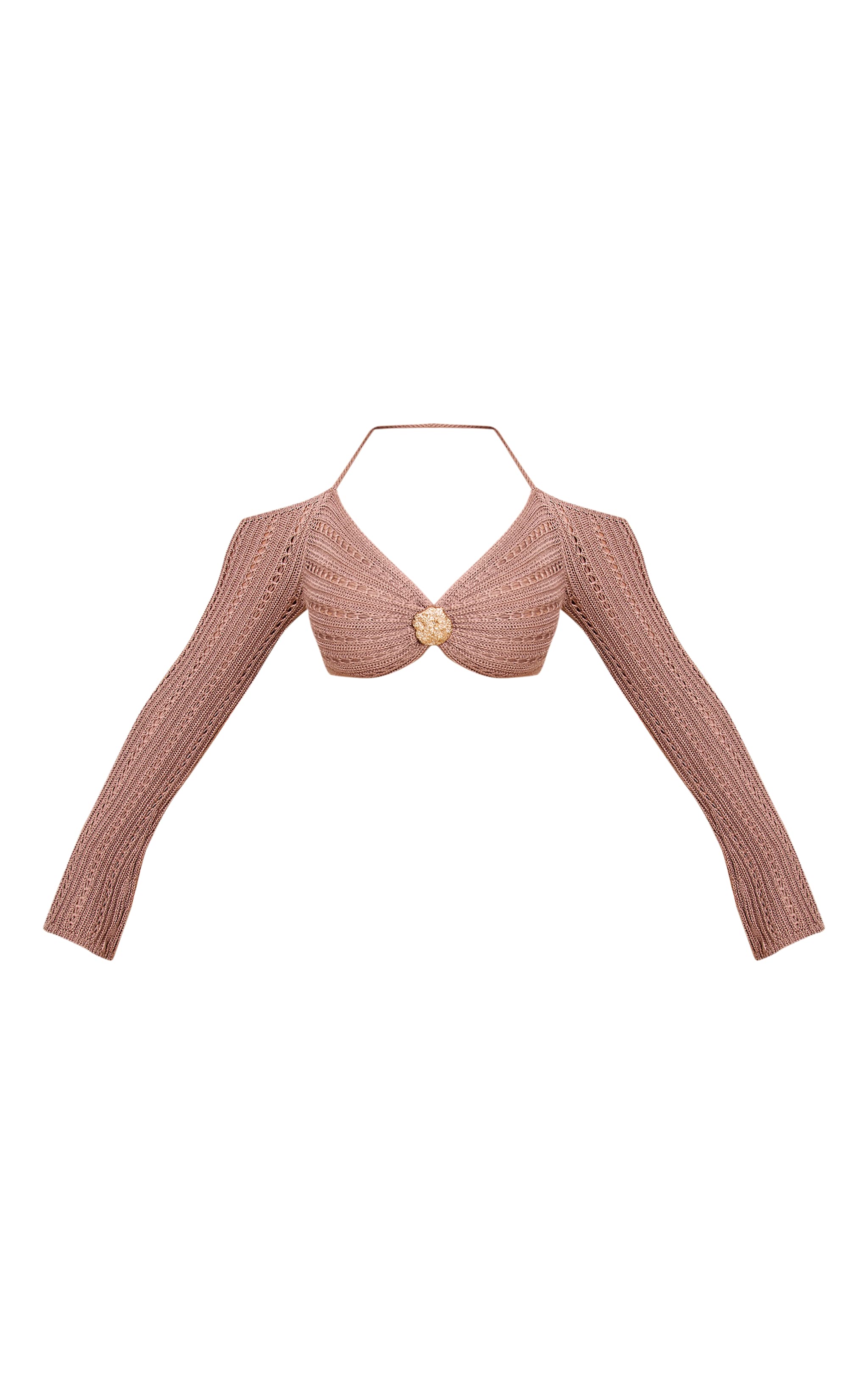 Shape Mocha Crochet Gold Hammered Trim Halterneck Crop Top image 5