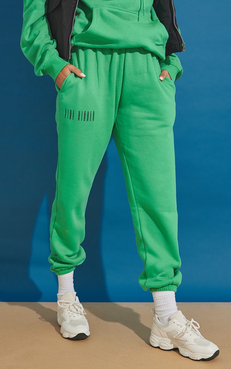 Bright Green Slogan Printed Cuffed High Waist Track Pants image 2