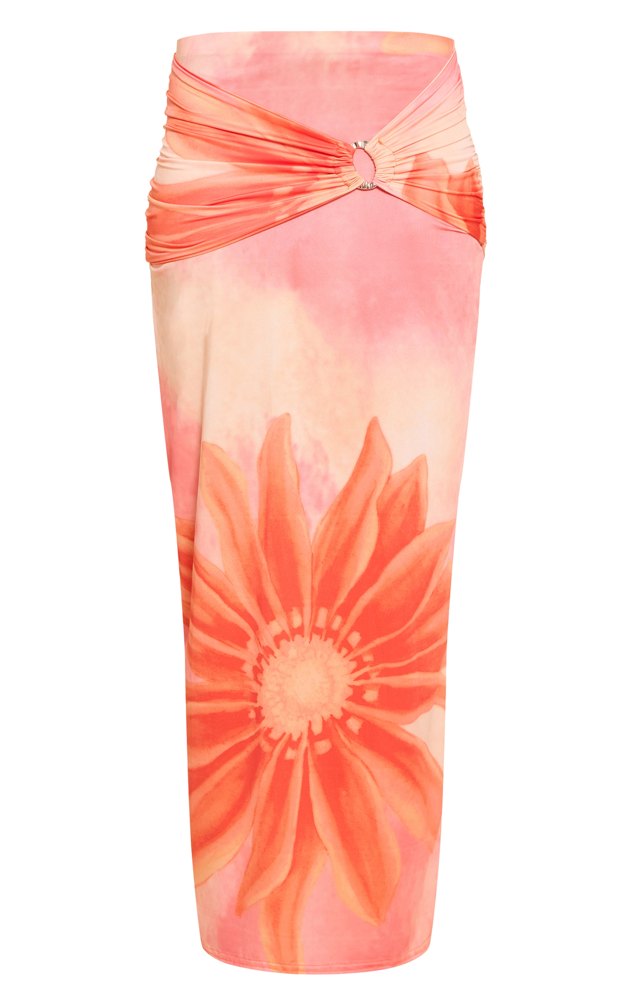 Orange Floral Print Ruched Detail Flowy Maxi Skirts image 5