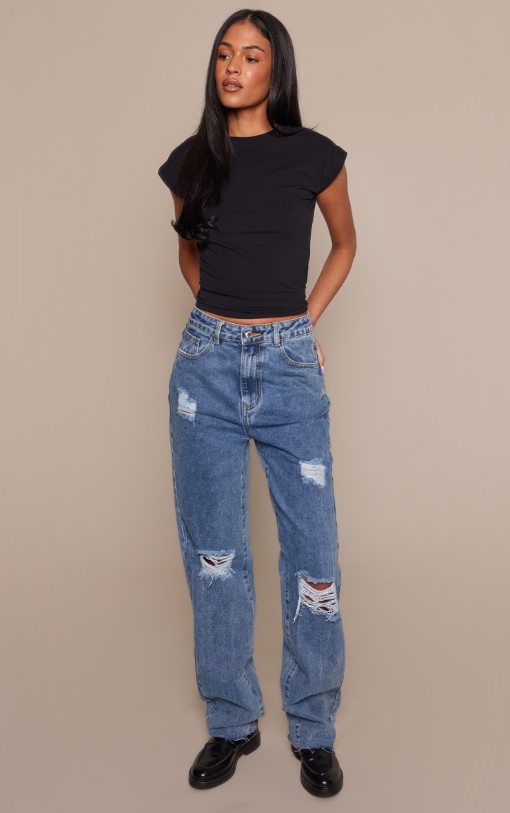PRETTYLITTLETHING Tall Mid Blue Wash Ripped Long Leg Mid Rise Straight Jeans
