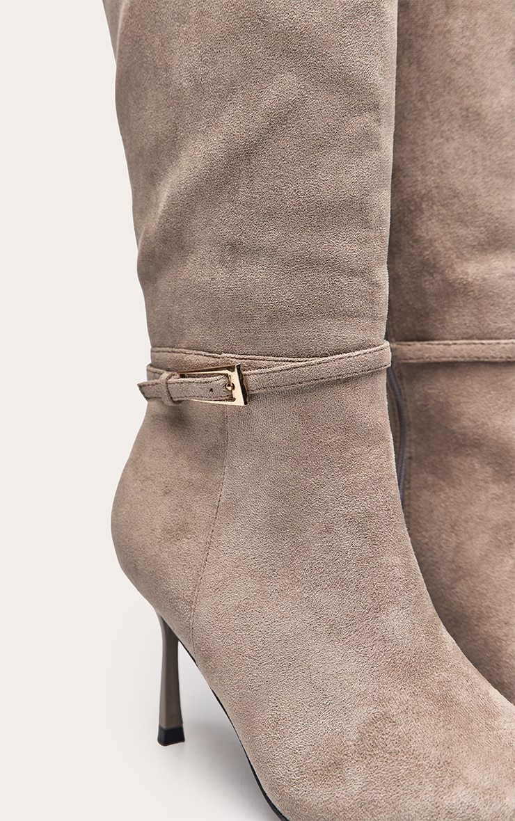 Mushroom Faux Suede Buckled Knee High Stiletto Heeled Boot image 5