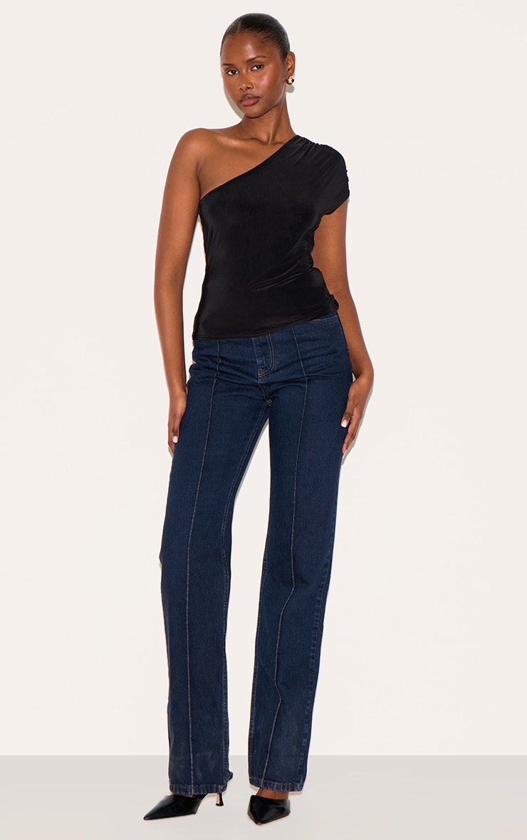 Black Slinky One Shoulder Detail Long Top image 3
