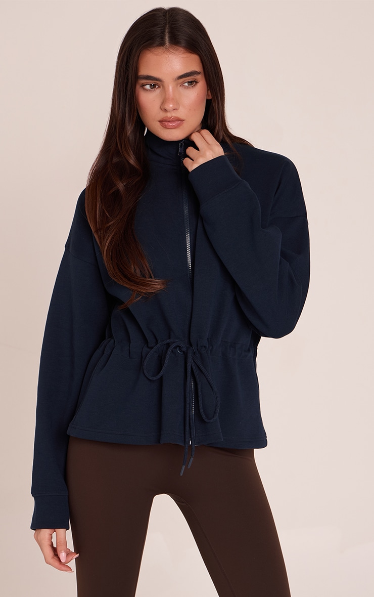 Navy Interlock Peplum Funnel Neck Zip Up Jacket image 1