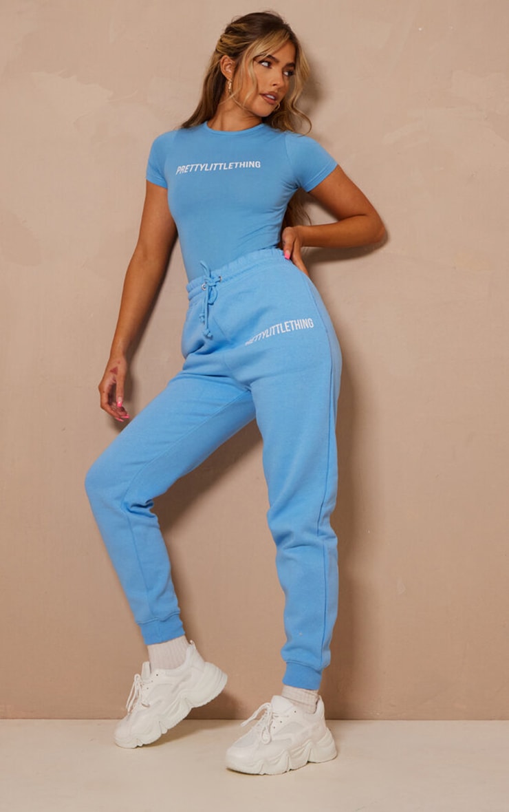 PRETTYLITTLETHING Logo Bright Blue High Waisted Track Pants image 1
