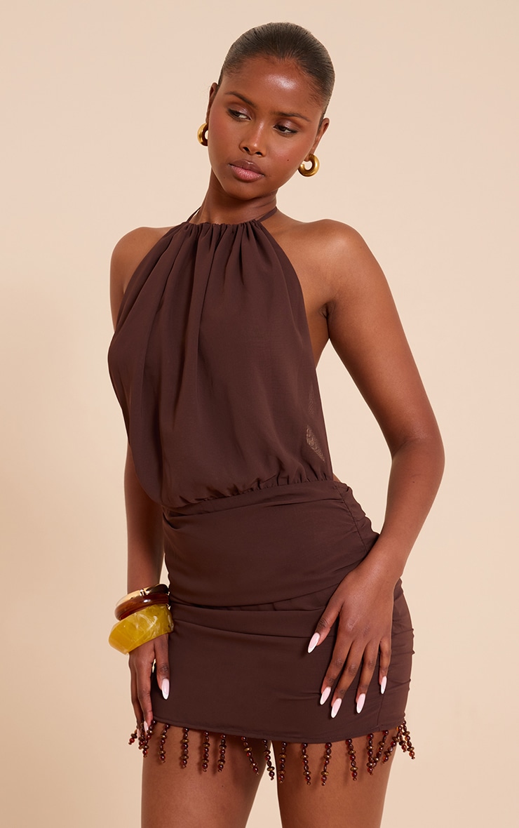 Chocolate Chiffon Halter Neck Ruched Beaded Mini Dress image 1