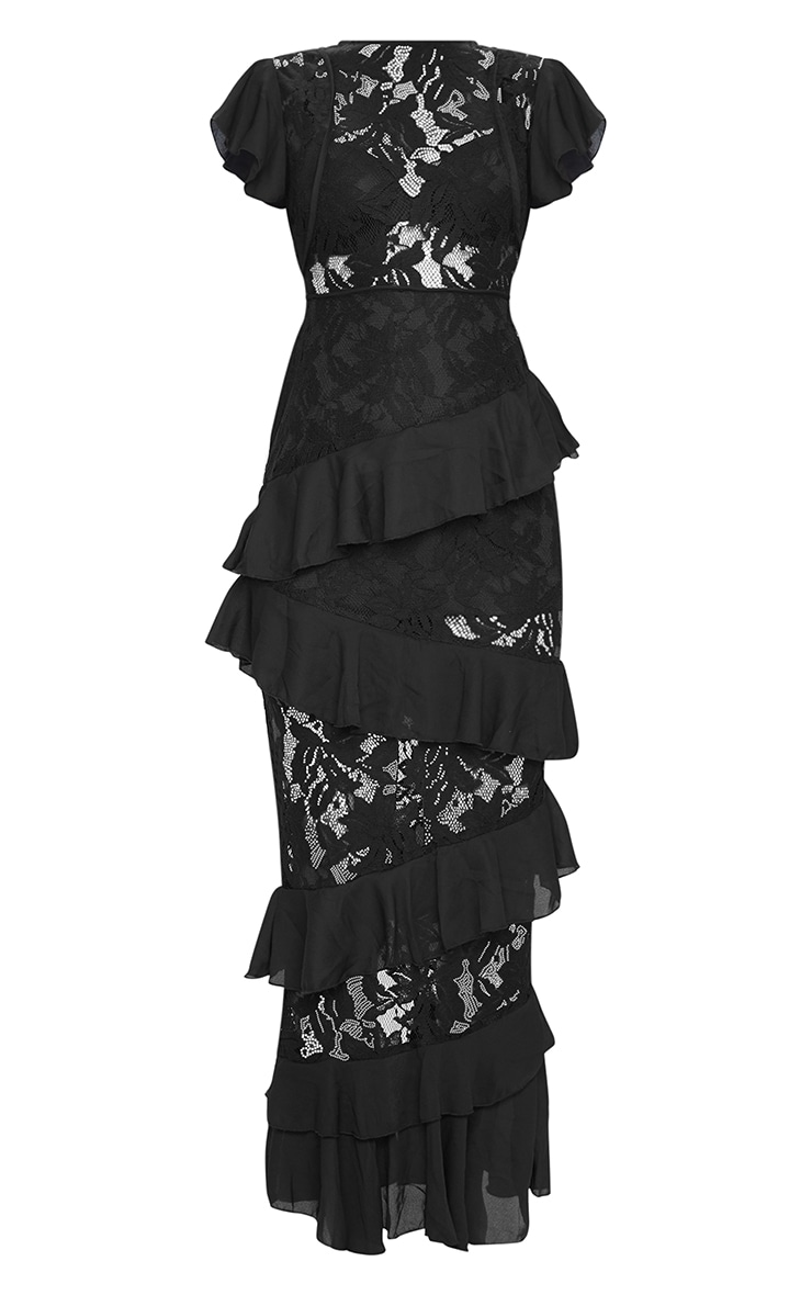 lace ruffle split maxi dress
