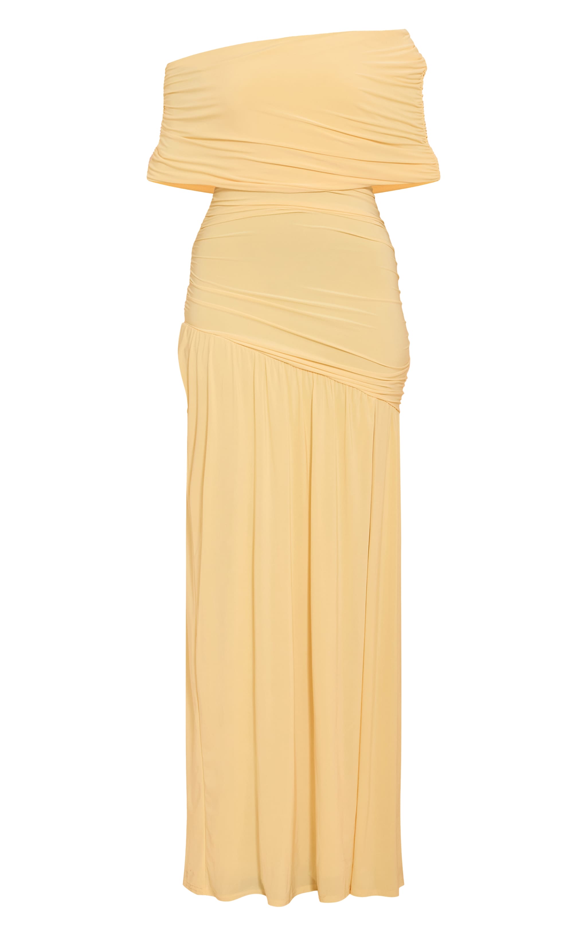 Robe longue moulante jaune citron froncée à col bardot superposé et épaule unique image 5