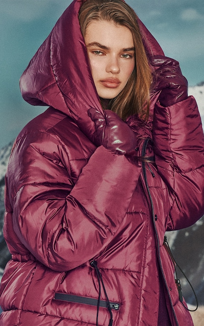 Plum Cinch Pocket Detail Puffer Coat