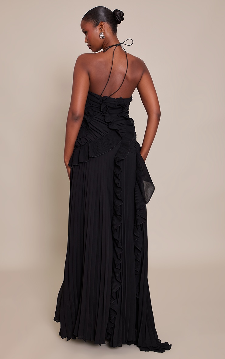 Black Pleated Frill Halterneck Maxi Dress image 2