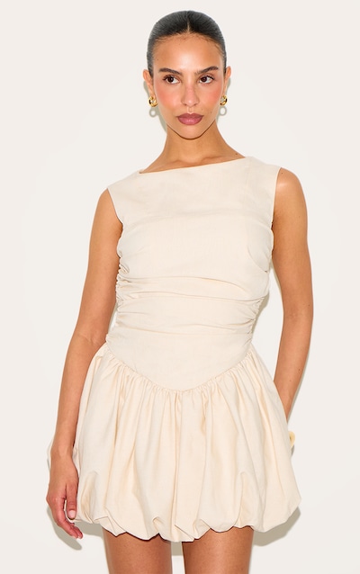 Petite Mini robe bouffante en effet lin gris pierre froncée sans manches