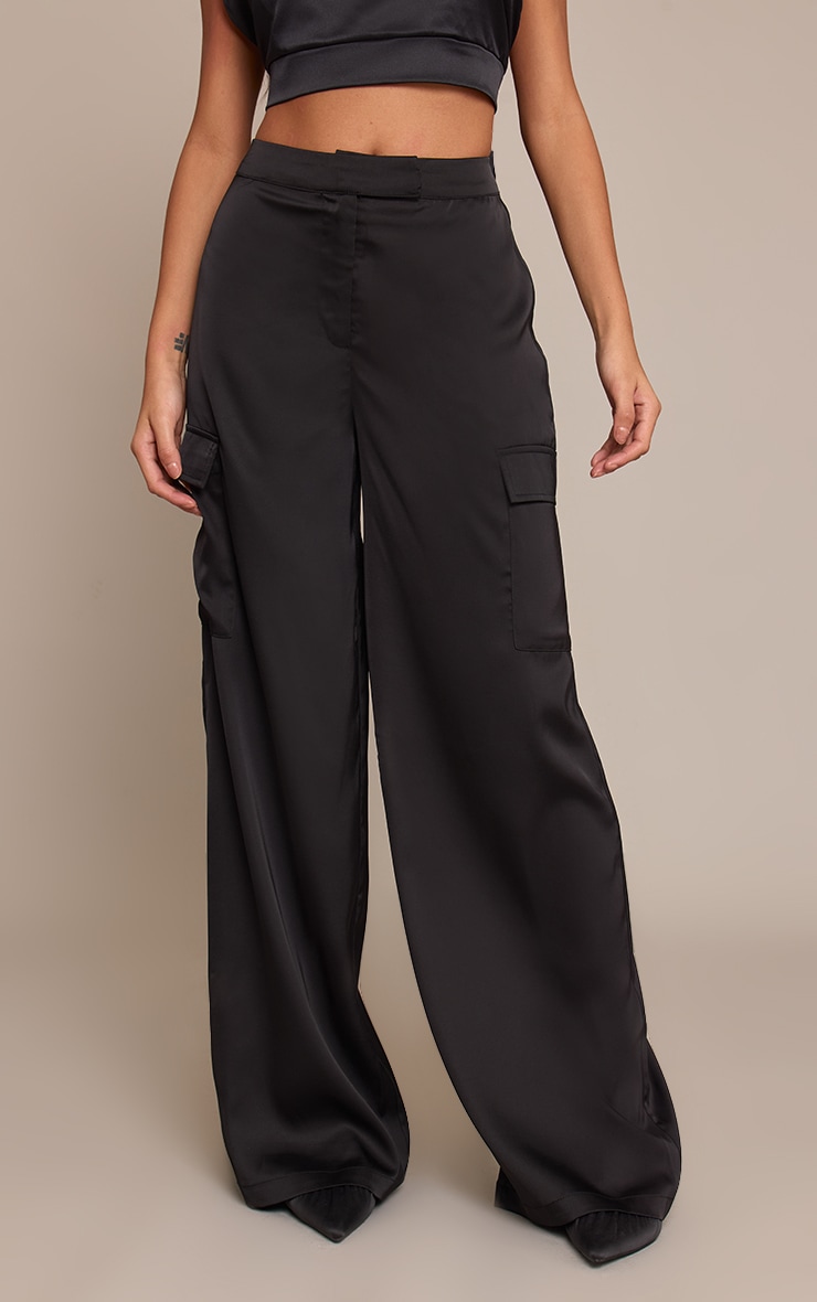Black Satin Wide Leg Cargos image 2