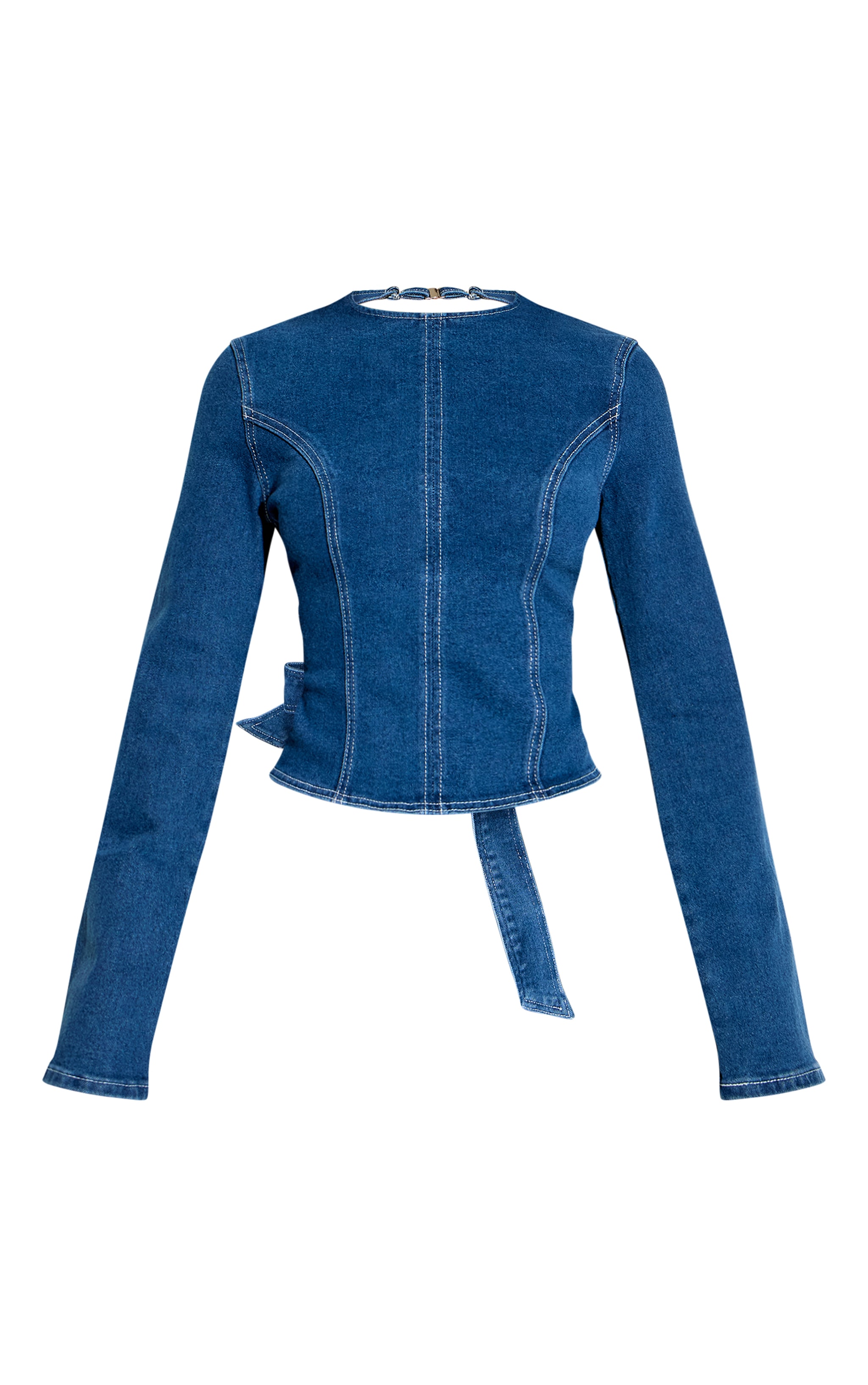 Petite Mid Blue Wash Contrast Stitch Long Sleeve Open Back Top image 5