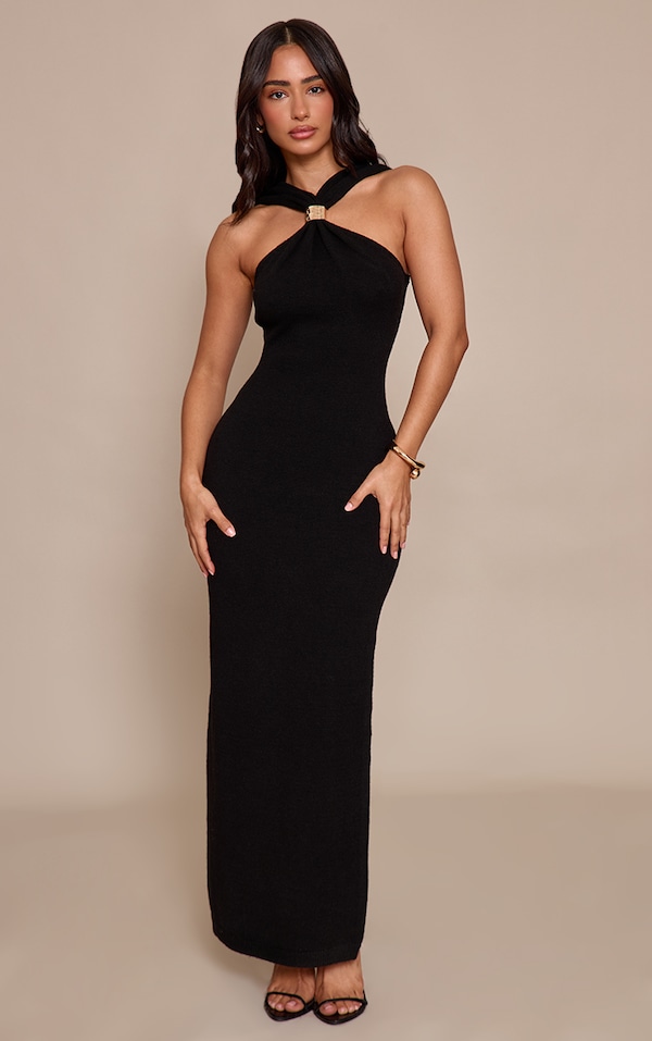 Petite Black Halterneck Trim Detail Knitted Mini Dress