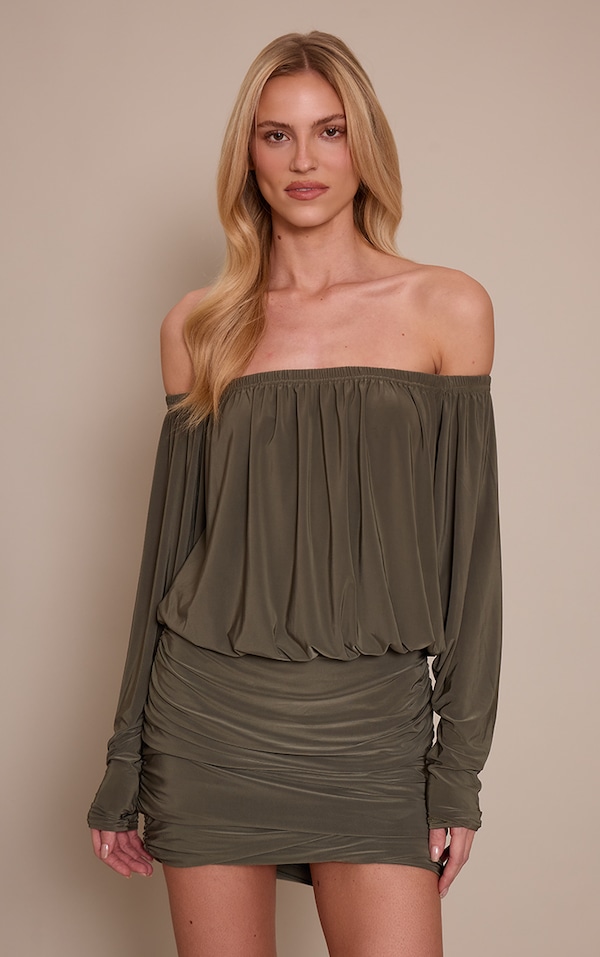 Khaki Double Layer Slinky Bardot Drape Mini Dress