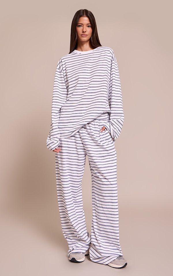  Navy Striped Wide Leg Drawstring Pants