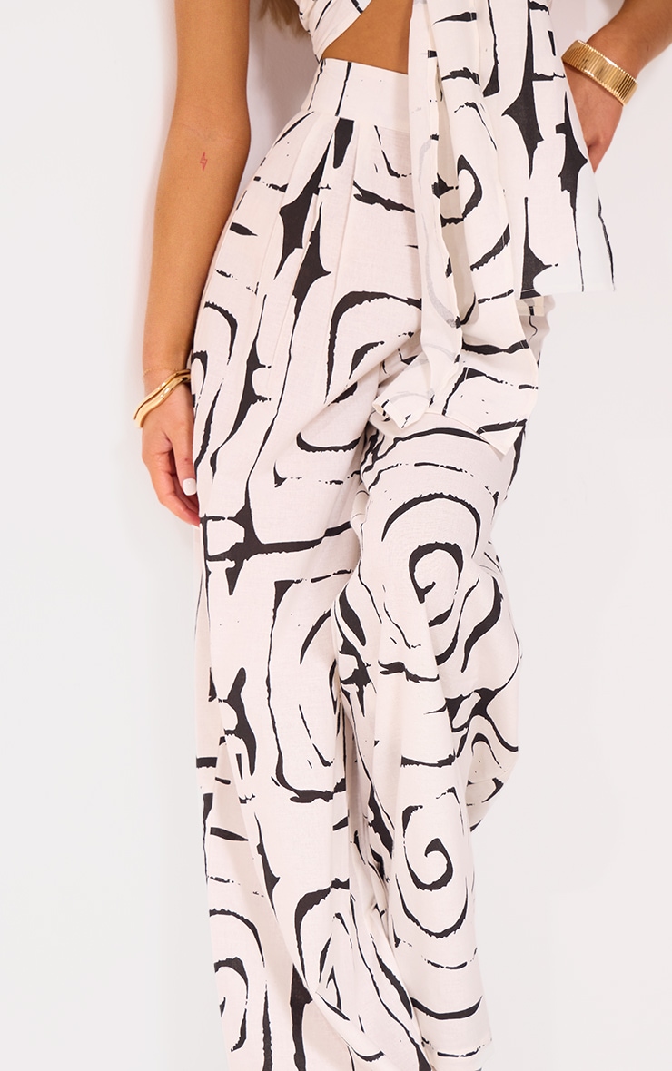 Monochrome Swirl Print Wide Leg Linen Look Pants image 4