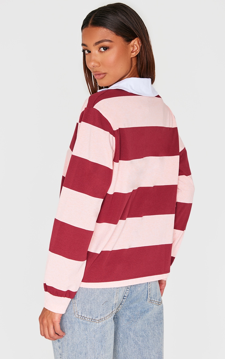 【BAON】Mahyu Stripe Collar Long Sleeve Tee Burgundy Striped Collar Detail Long Sleeve T Shirt | Tops