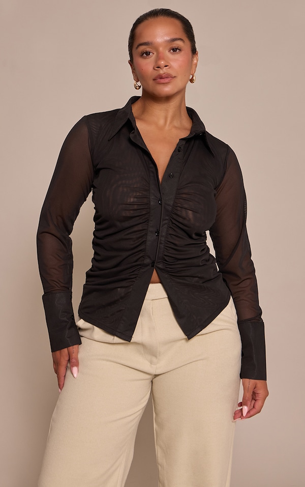 Shape Black Mesh Ruched Fitted Shirt