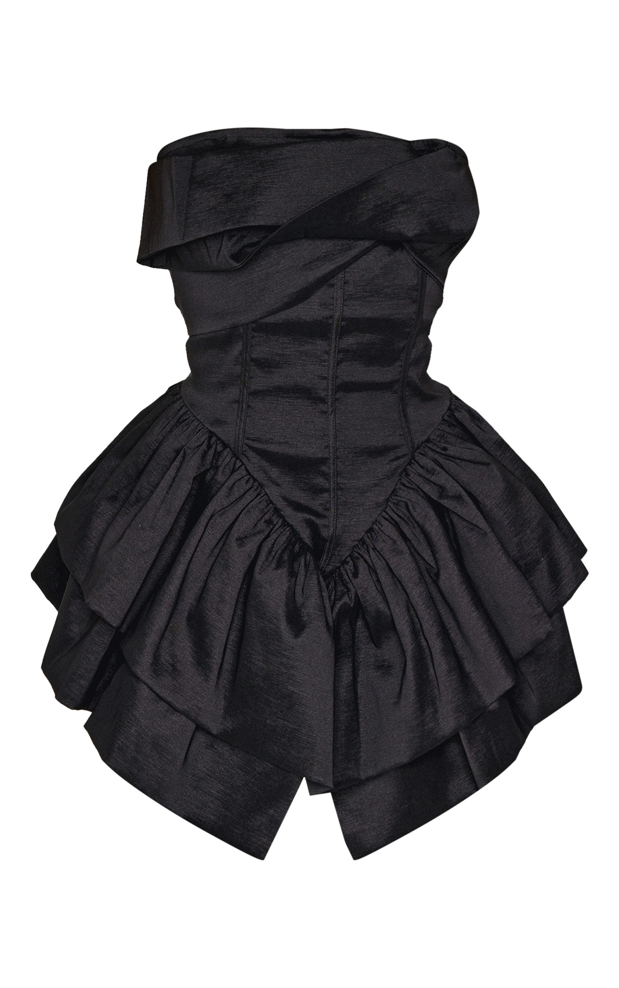 Petite Black Bandeau Corset Detail Ruffle Hem Mini Dress image 5