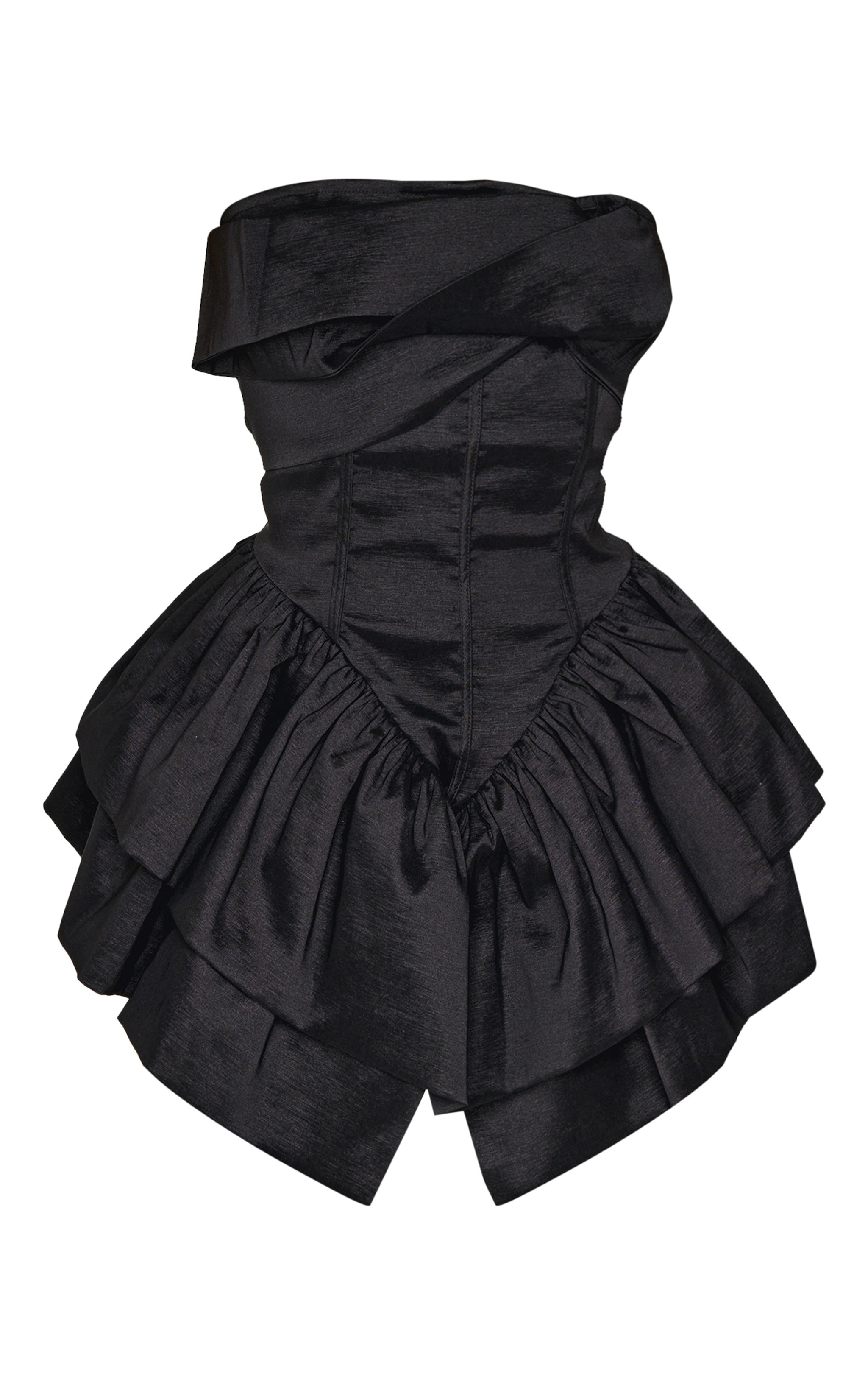 Petite Black Bandeau Corset Detail Ruffle Hem Mini Dress image 1