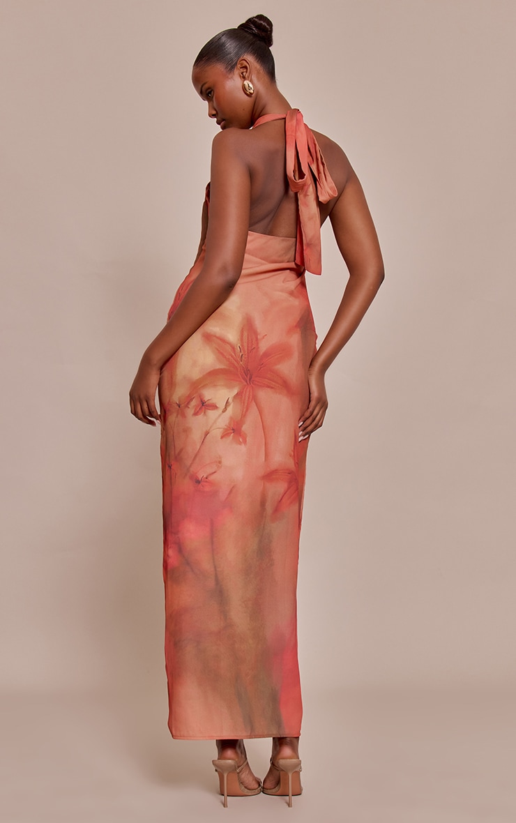 Robe longue en mousseline de soie orange fleurie à col montant image 2