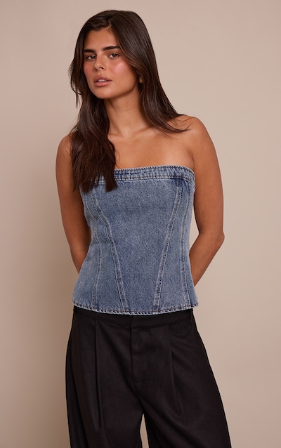 Mid Blue Strapless Bustier Detail Denim Corset Top