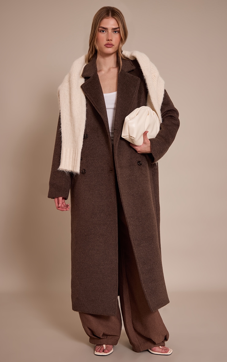 Chocolate Structured Double Breasted Wool Look Maxi Coat image 3