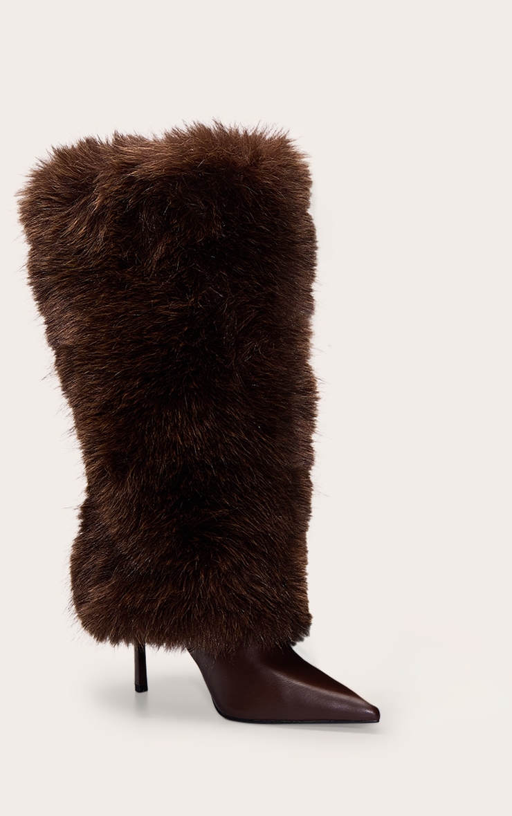 Chocolate Faux Fur Knee High Heeled Boot image 3