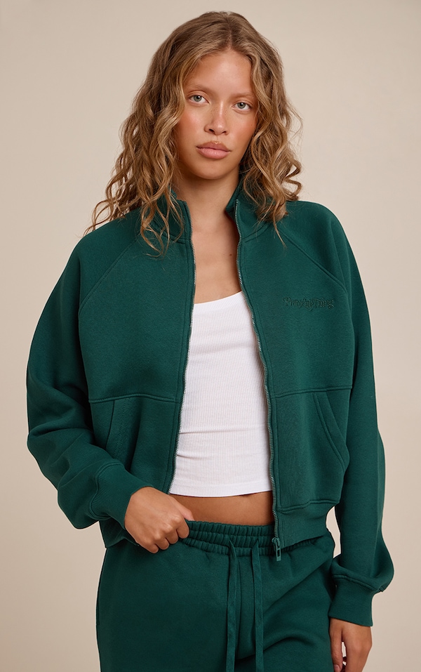 Pine Green Seam Detail Zip Up Fleeceback Jacket