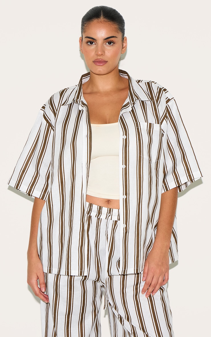 Plus Beige Striped Oversized Shirt image 1