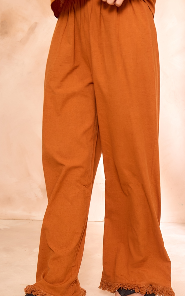 Rust Linen Look Frayed Hem Wide Leg Pants image 4