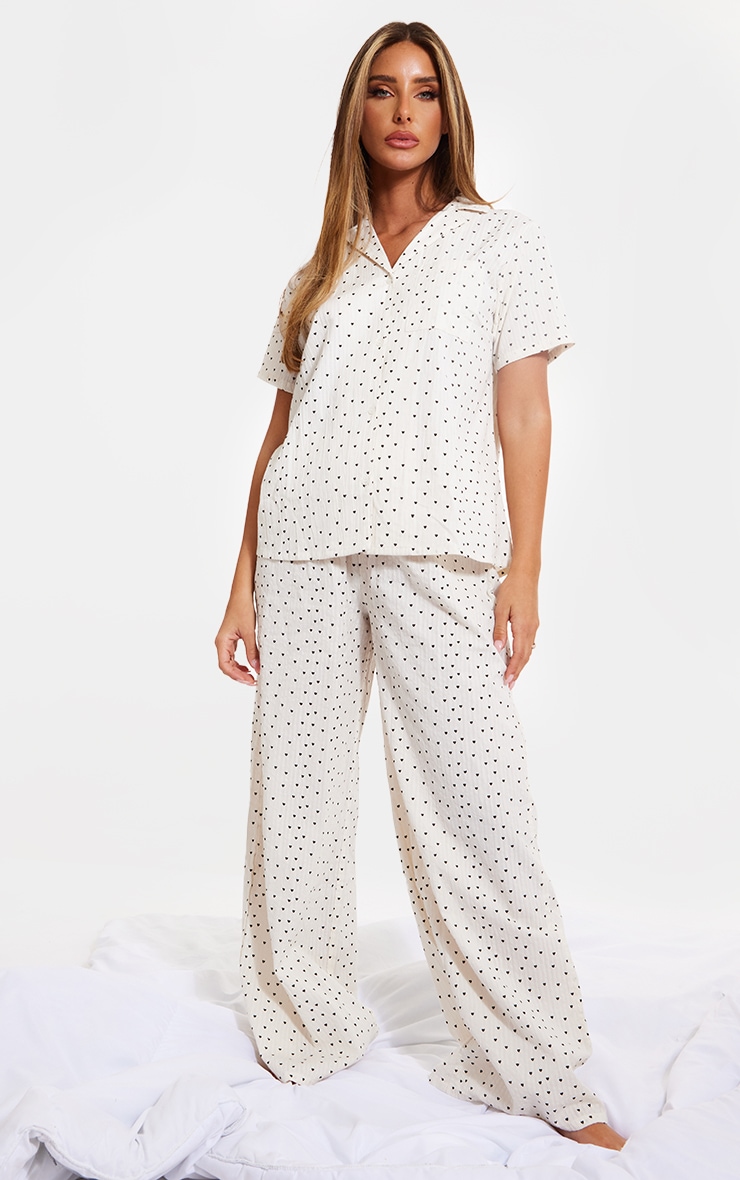 White Seer Sucker Heart Print Long PJ Set image 3