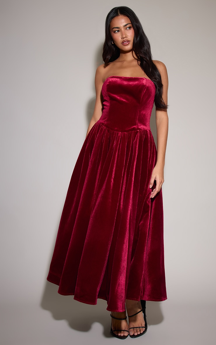 Robe bustier longue en velours bordeaux image 1