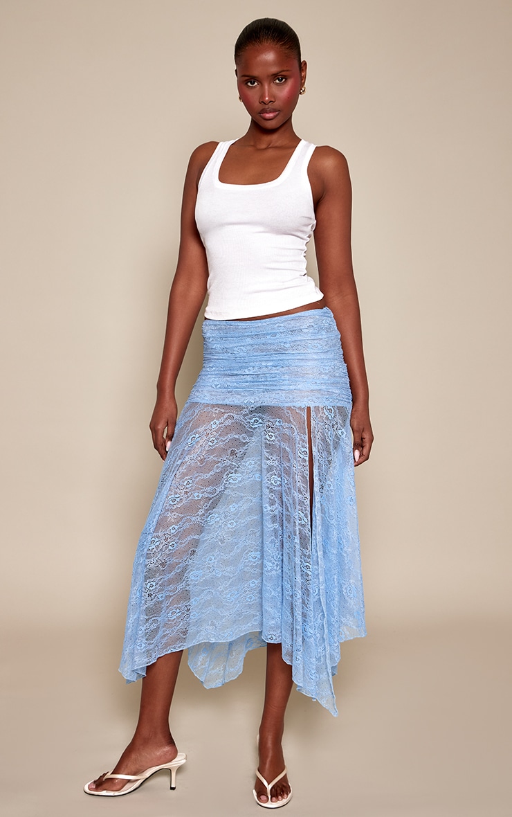 Sky Blue Lace Ruched Waist Midaxi Skirt