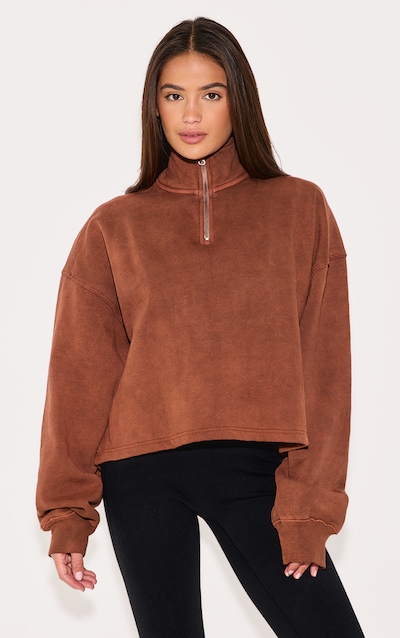 Sweat taupe délavé à épaules carrées et quart de zip