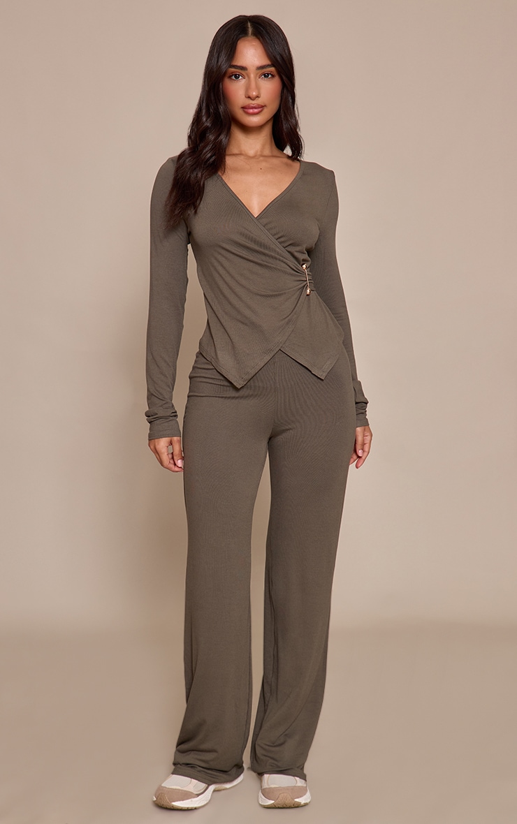 Petite Pantalon large en jersey kaki image 1